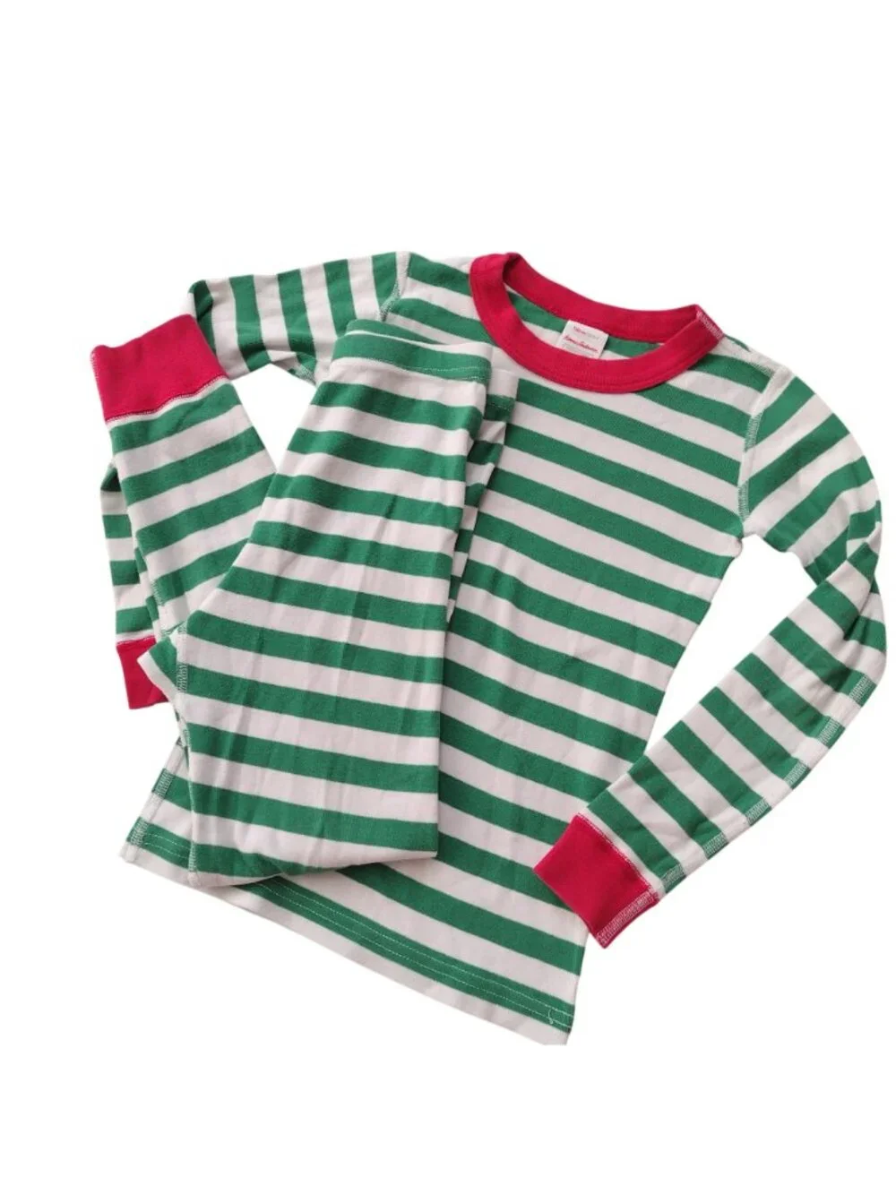 Hanna Andersson Christmas Stripe Pajamas Sz 6-7 Green White Long John Cotton Pjs
